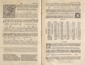 John Dowland’s First booke of songes or ayres (London, 1603), laid out in "table-book" format, showing how voices, lute, and melody instruments often were mixed.